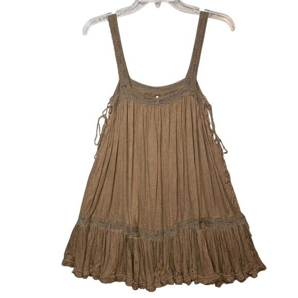 Free People Top Womens Small Green Boho Babydoll Tunic Tank Crinkle Lace Trim - Picture 2 of 13